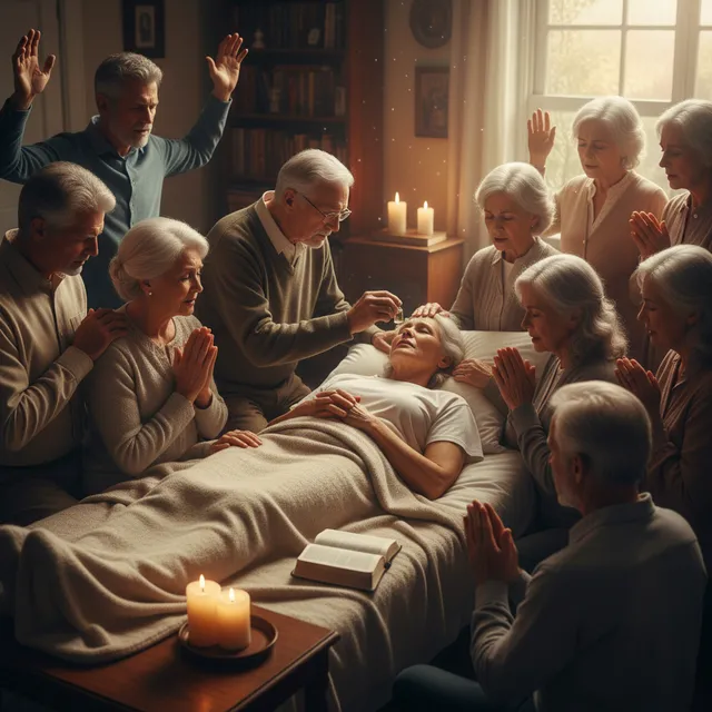 Elders praying over sick person with anointing oil in warm spiritual atmosphere