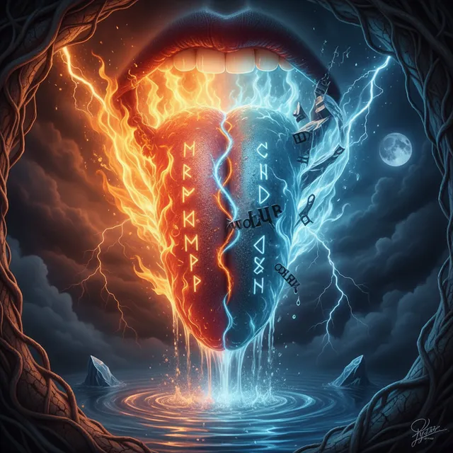 Artistic representation of tongue as fire and water, showing the dual nature of speech