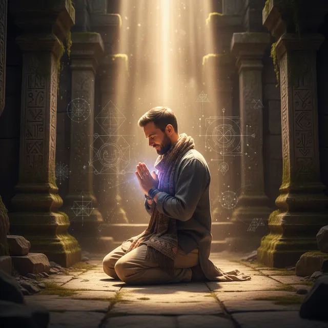 Person in contemplative prayer posture receiving divine wisdom with light streaming from above