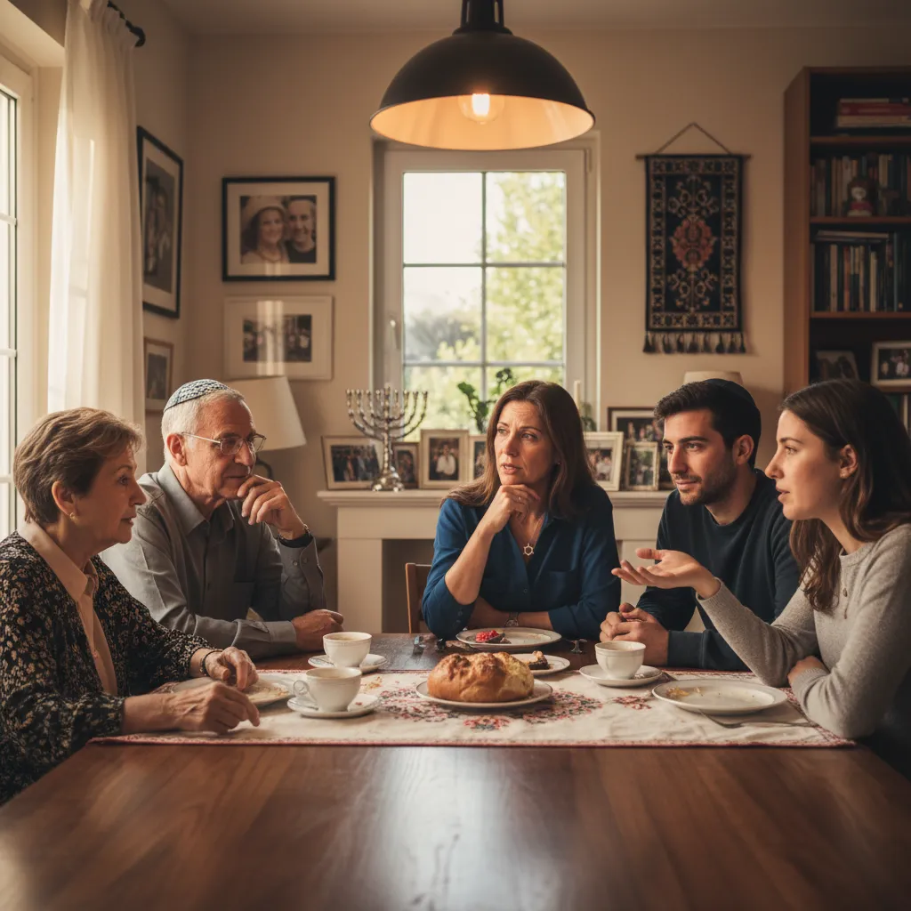 Intergenerational Jewish family having a respectful conversation around a dinner table with warm lighting and genuine expressions