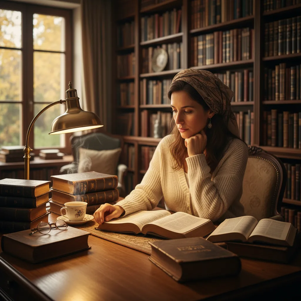 Thoughtful Jewish person sitting in a cozy home library examining an open Bible alongside Jewish texts, warm lighting from desk lamp