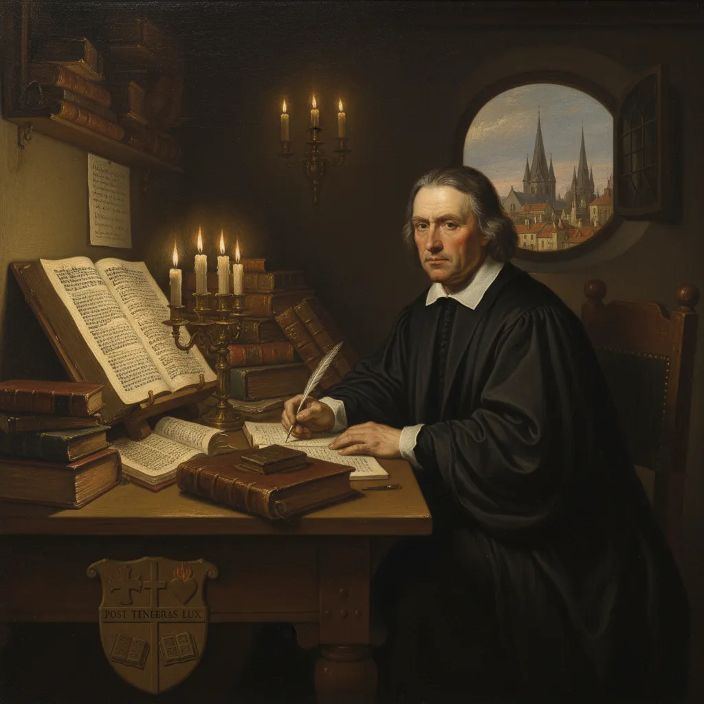 Historical painting of John Calvin writing theology at his desk in Geneva with open Bible and theological manuscripts