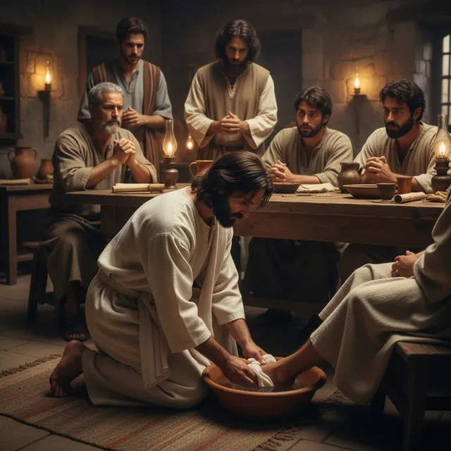 Washing Feet - Jesus kneeling washing disciples feet in upper room with humble servant posture