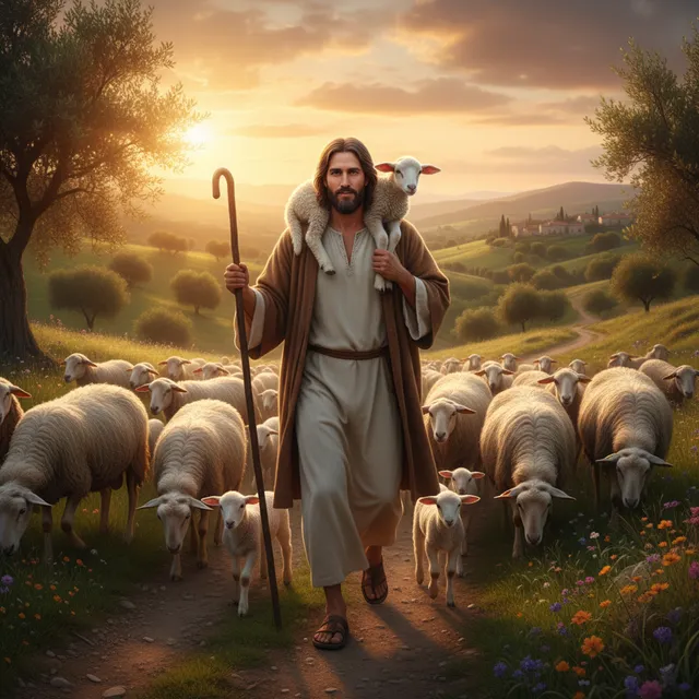 The Good Shepherd - Jesus carrying lamb on shoulders with flock of sheep