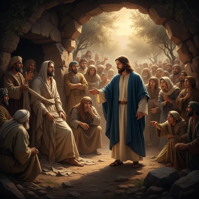 Raising of Lazarus - Dramatic scene of Lazarus emerging from tomb with Jesus standing with authority