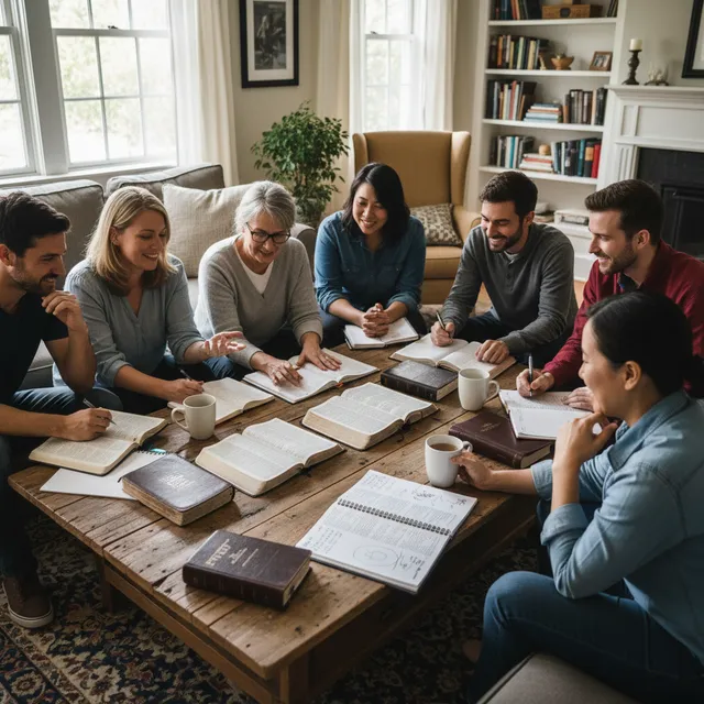 Group Bible Study - Diverse group studying Gospel of John together with open Bibles