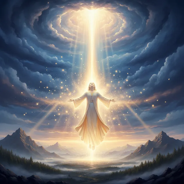 The Word Made Flesh - Majestic divine light descending from heaven to earth, celestial glory becoming human form