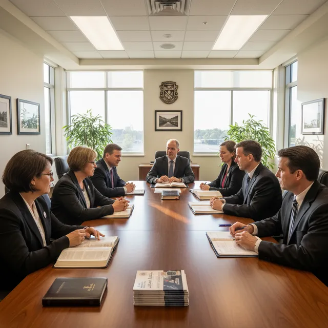 Group of Christians meeting with local officials at city hall, open Bibles and documents on table, atmosphere of civic engagement