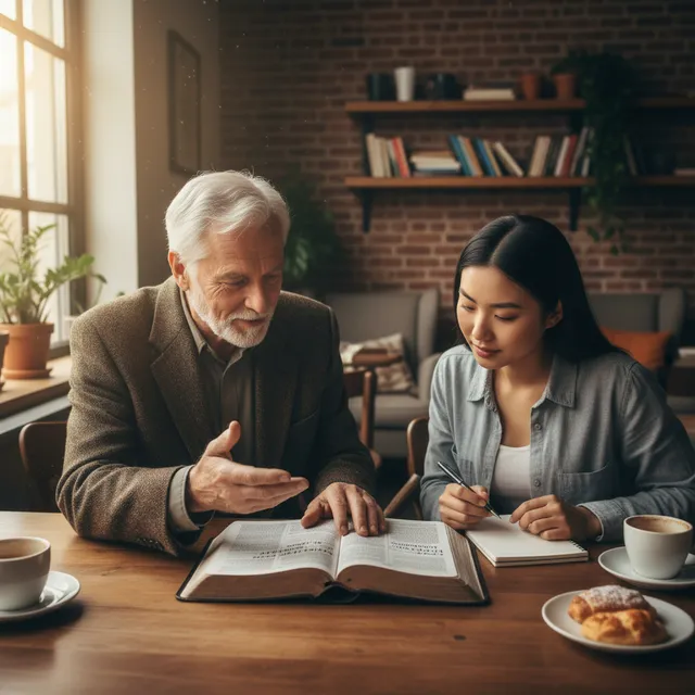 Older mentor meeting with younger person in coffee shop, open Bible between them discussing justice passages