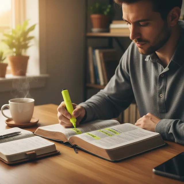 Person studying Bible with highlighter marking justice passages in Micah and Isaiah, warm morning light, journal with notes nearby