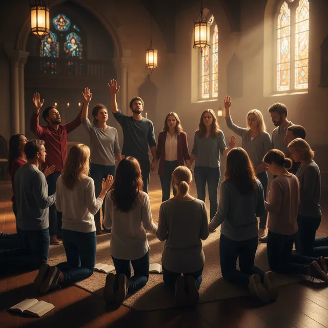 Group of diverse Christians gathered in prayer circle, atmosphere of intercession and spiritual warfare