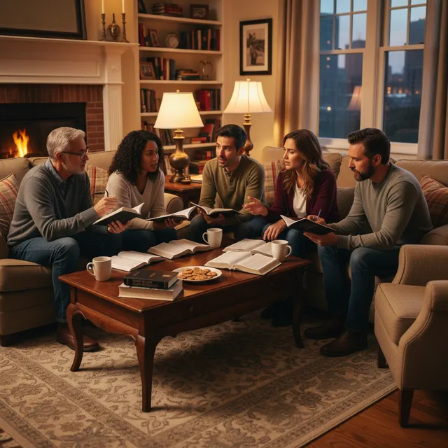 Small group of diverse adults in living room studying Bible together about justice, engaged discussion