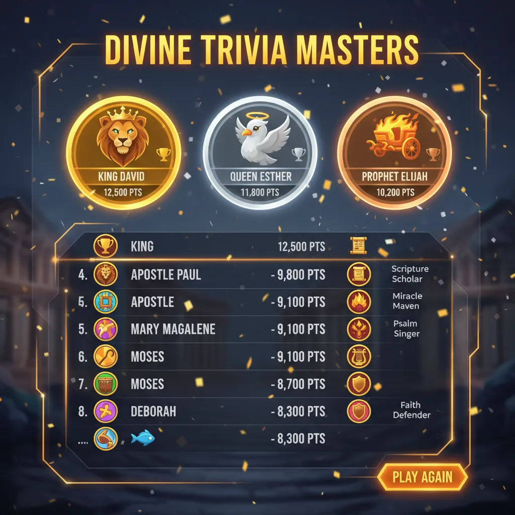 Bible quiz leaderboard showing top players with trophy icons and achievement badges