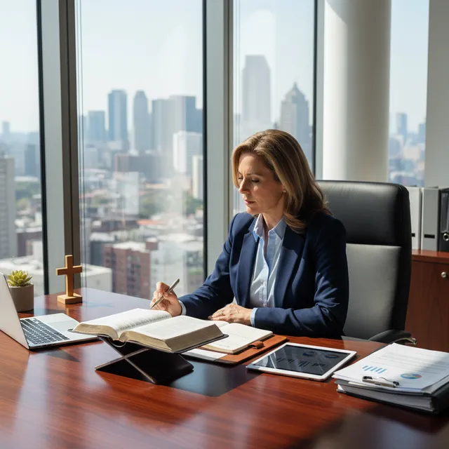 Christian business leader at desk with Bible and business materials, studying Scripture