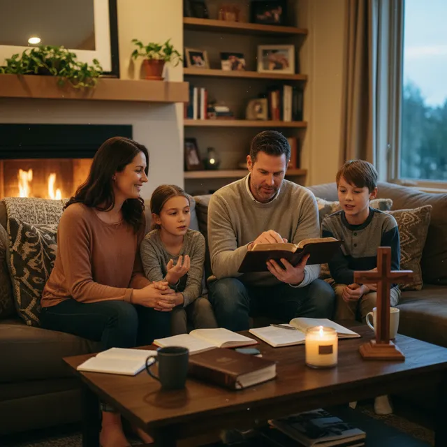 Father leading family devotional time with open Bible discussing leadership principles