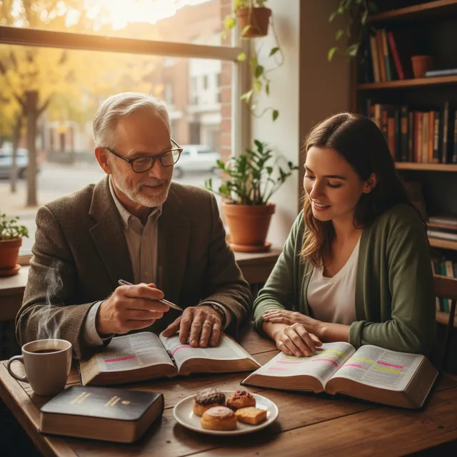 Two people in mentoring meeting with Bibles open, experienced leader guiding younger person