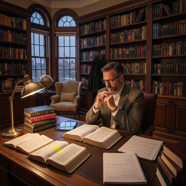 Pastor in study room with open Bible studying leadership passages, notes and commentaries visible