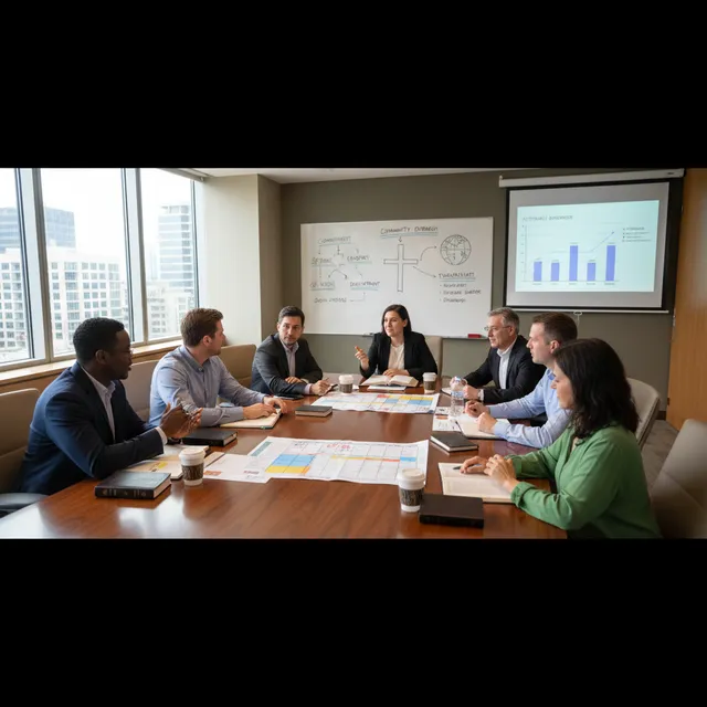Church leadership team meeting around table with Bibles and planning materials