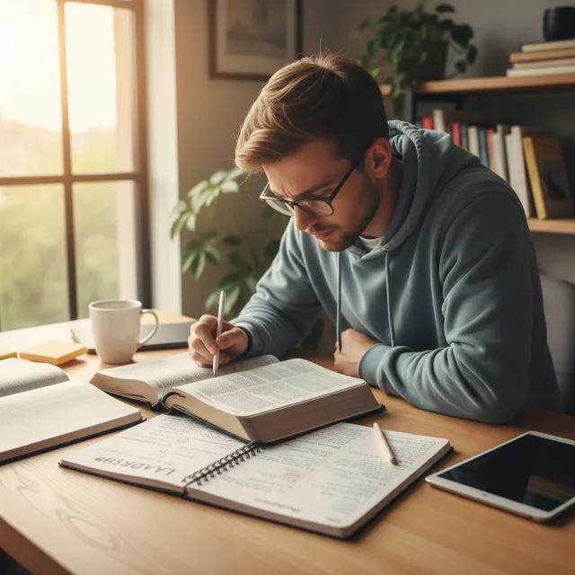 Young adult emerging leader studying Bible passages about leadership with journal notes