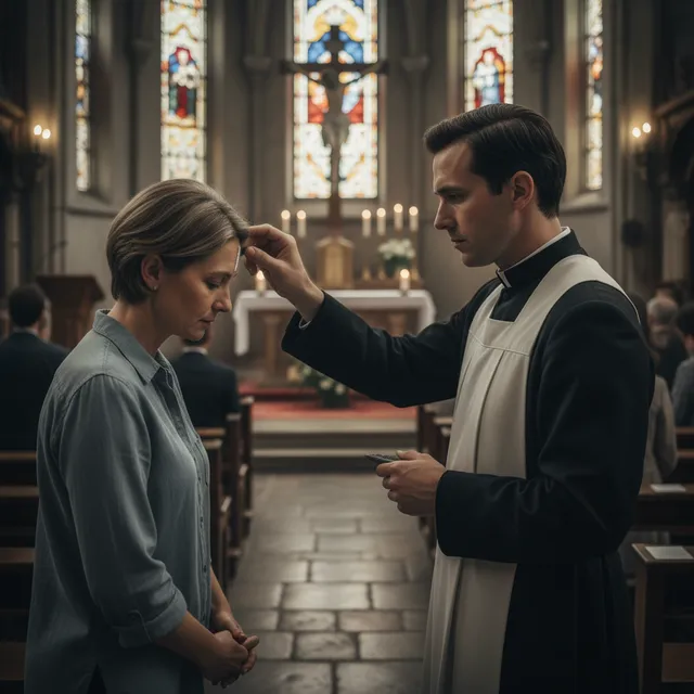 Person receiving ashes on forehead during Ash Wednesday service with purple liturgical colors