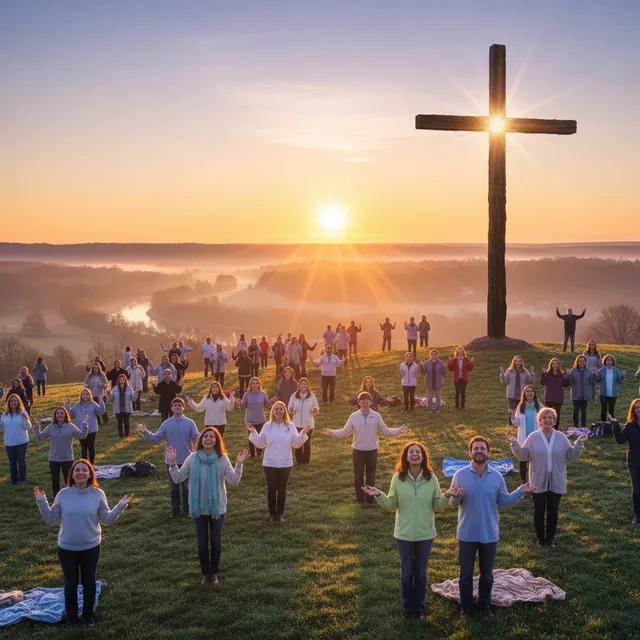 Easter sunrise service with cross silhouetted against golden sunrise and worshippers gathered