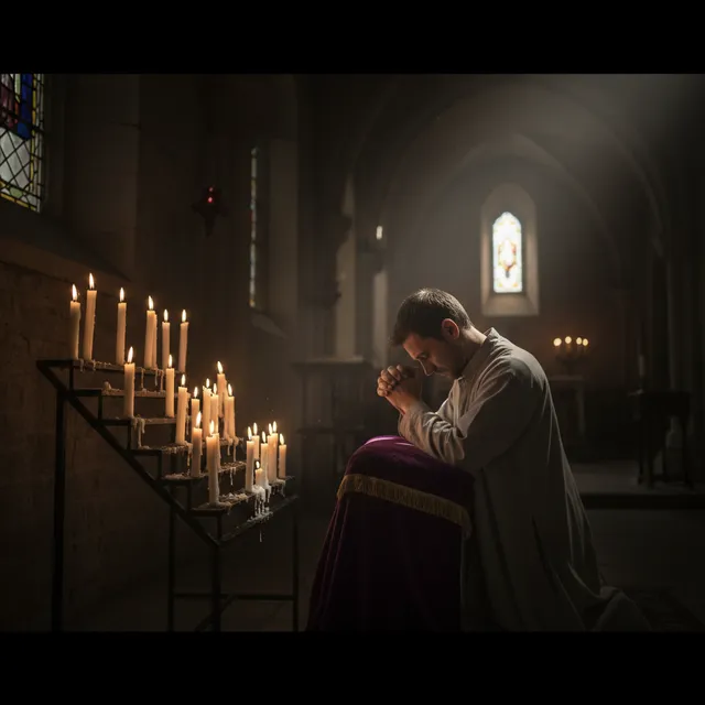 Person kneeling in prayer in candlelit church with purple cloth visible