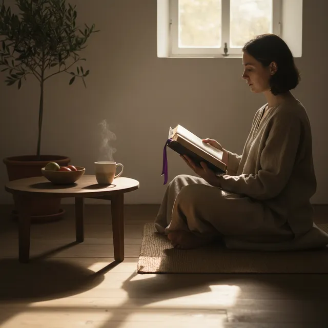 Person reading Bible in quiet morning setting with tea and purple bookmark