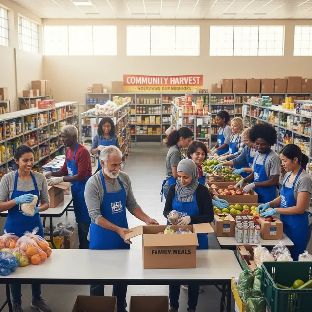 Diverse group of volunteers sorting donations at food bank during Lenten service