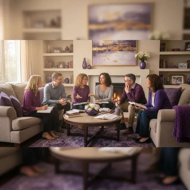 Small group of adults studying Bible together in living room during Lent