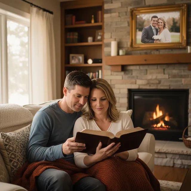 Married couple sitting together reading Bible about love, holding hands in a warm living room setting