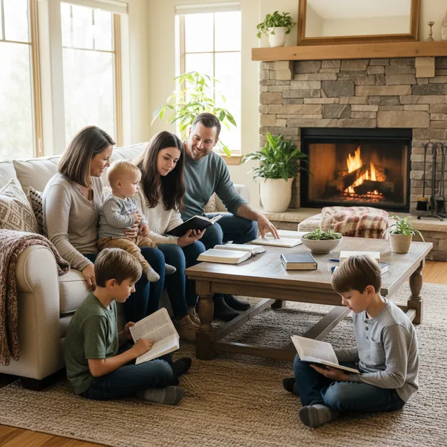 Family gathered together for devotional time, parents and children with open Bibles