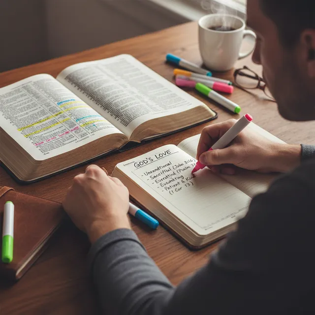 Person studying Bible with highlighters, marking love passages in 1 Corinthians 13, journal open with notes about God's love
