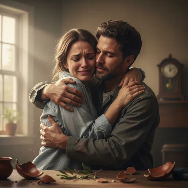 Two people embracing in reconciliation after conflict, expressions of forgiveness and love