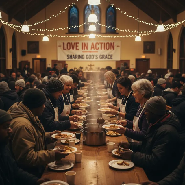 Church volunteers serving food to those in need, expressions of genuine care and compassion