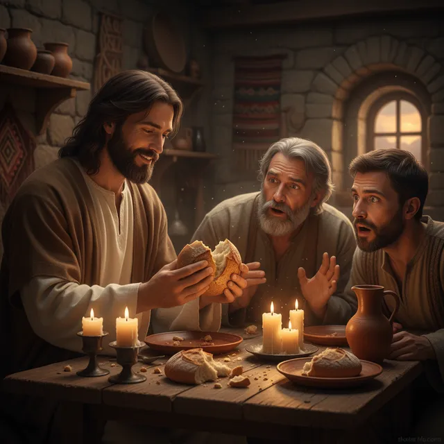 Jesus breaking bread at table with two disciples in Emmaus, moment of recognition