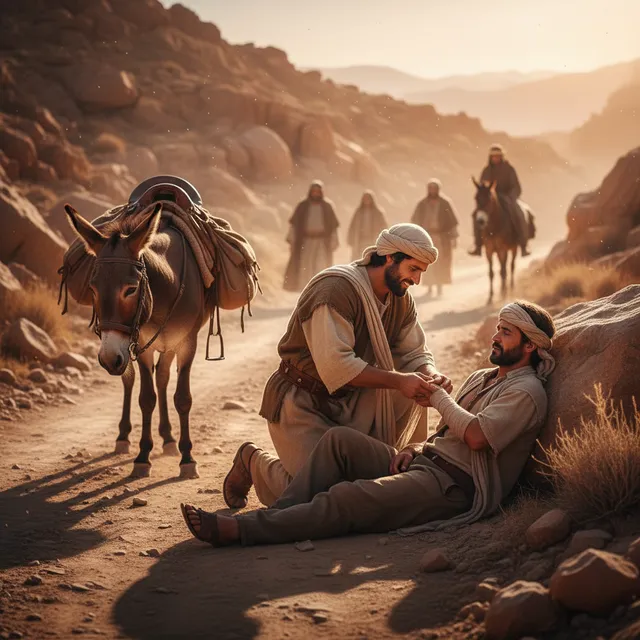 Good Samaritan helping wounded traveler on dusty road to Jericho, bandaging wounds