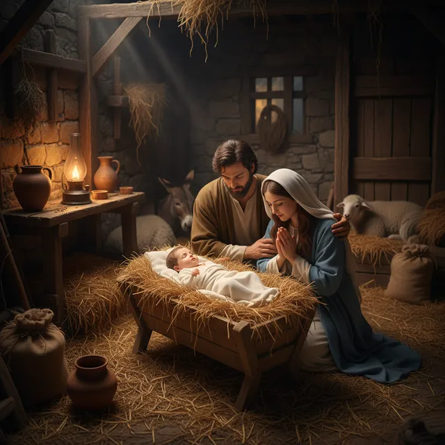Birth of Jesus in humble stable in Bethlehem with newborn baby in manger, Mary and Joseph watching tenderly