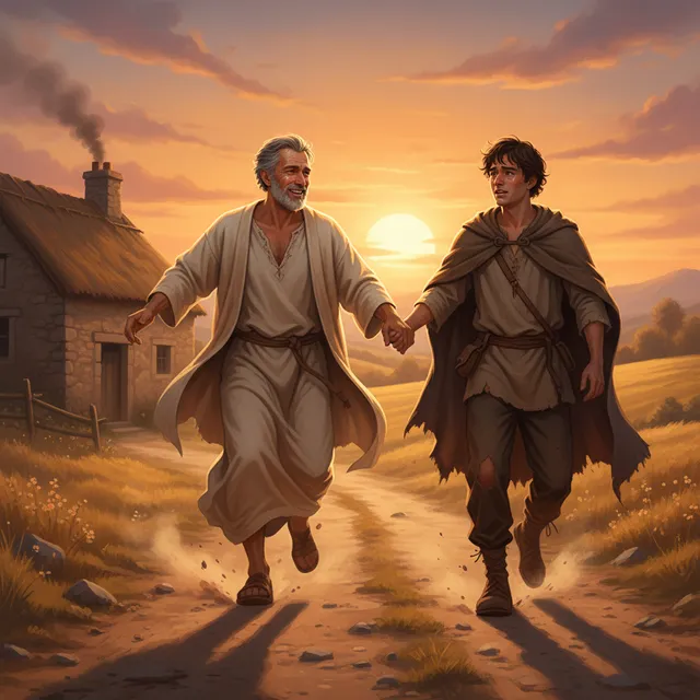 Elderly father running toward ragged young man on dusty path, emotional embrace about to happen