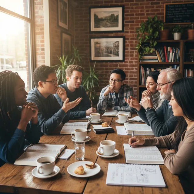 Diverse group studying Gospel of Luke together with open Bibles and notebooks