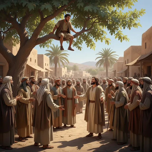 Zacchaeus in sycamore tree looking down at Jesus below, crowd gathered around Middle Eastern town
