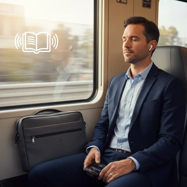 Professional man listening to audio Bible during commute with earbuds