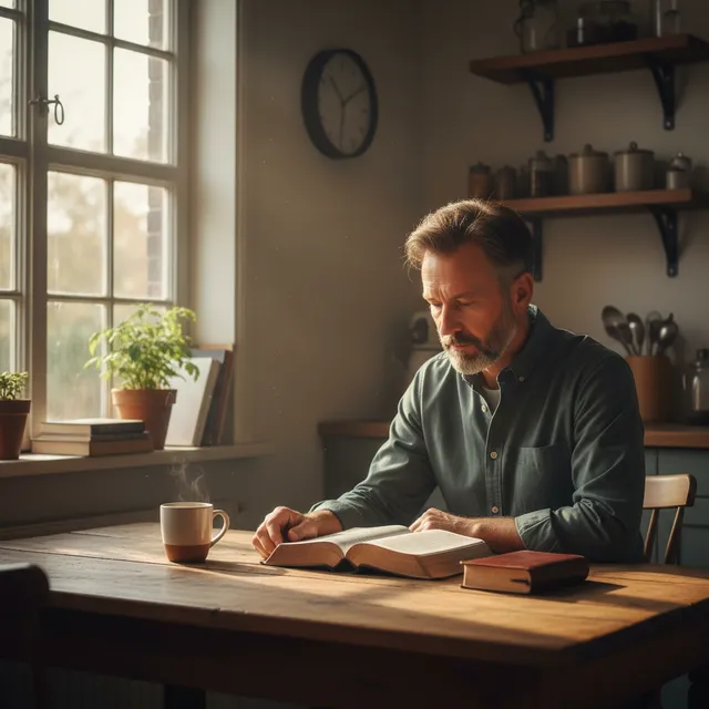 Man sitting at kitchen table during early morning Bible study with coffee and natural light