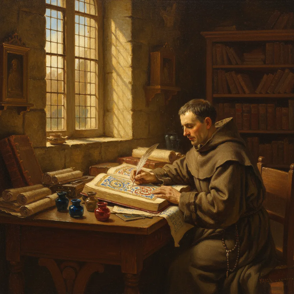 Medieval Catholic monk in brown habit copying illuminated manuscript Bible in stone scriptorium