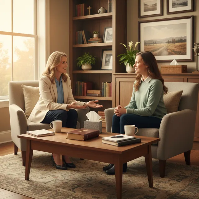 Christian counselor and client in professional warm office with Bible on table