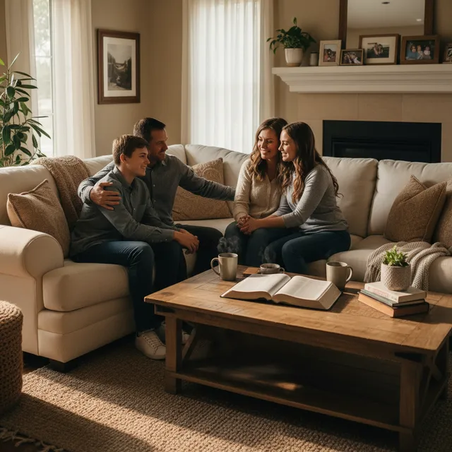 Family supporting each other at home with Bible open on coffee table