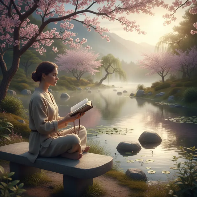 Person sitting peacefully outdoors reading Bible in nature setting