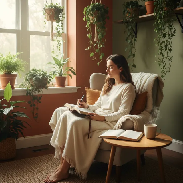 Person in peaceful setting reading Bible with journal for mental health reflection
