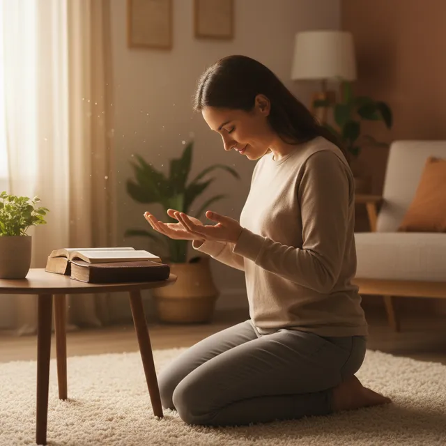 Person in prayer posture with hands open and Bible beside them