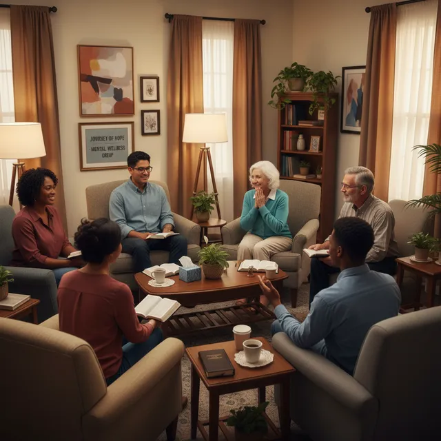 Small supportive group of diverse adults in comfortable church room with Bibles open