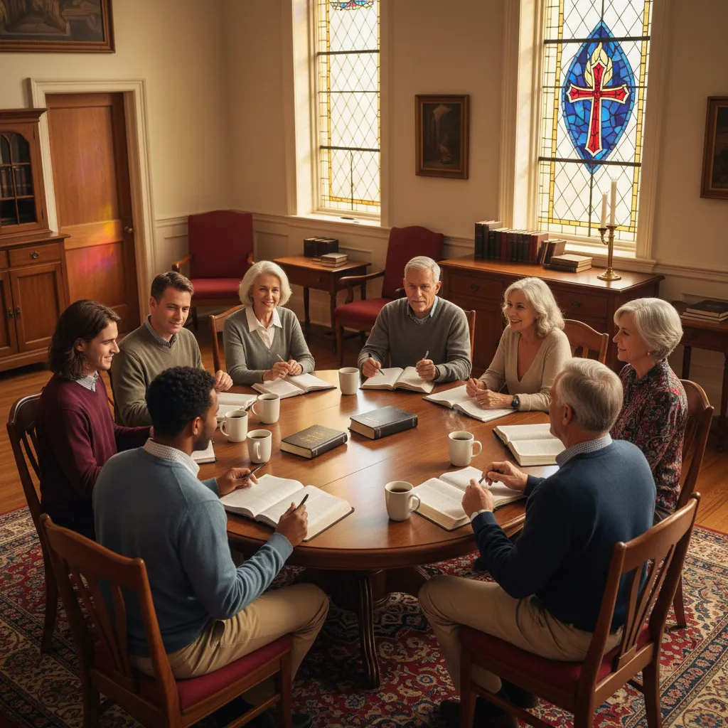Diverse group of people in a Methodist church fellowship hall sitting in a circle with open Bibles, notebooks, and coffee cups, with morning sunlight streaming through stained glass windows featuring the cross and flame Methodist symbol